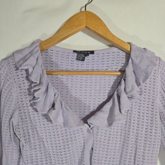 Vintage Tracy M. Lavender Lilac Ruffle Collar Cardigan Pointelle Knit Sweater L - Picture 6 of 8